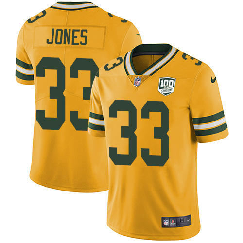 Packers #33 Aaron Jones Yellow Men's 100th Season Stitched Limited Rush Jersey cheap jerseys for sale - CheapJerseys.Shop