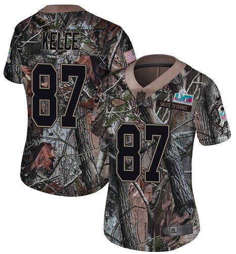 Chiefs #87 Travis Kelce Camo Super Bowl LVII Patch Women's Stitched Limited Rush Realtree Jersey cheap jerseys for sale - CheapJerseys.Shop