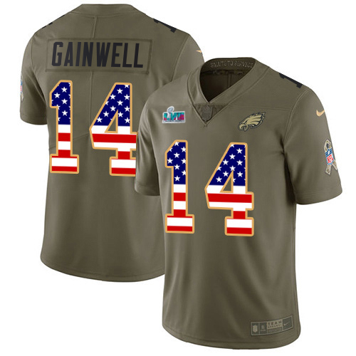 Eagles #14 Kenneth Gainwell Olive/USA Flag Super Bowl LVII Patch Men's Stitched Limited 2017 Salute To Service Jersey cheap jerseys for sale - CheapJerseys.Shop
