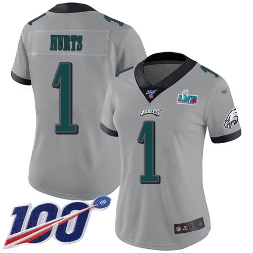 Eagles #1 Jalen Hurts Silver Super Bowl LVII Patch Women's Stitched Limited Inverted Legend 100th Season Jersey cheap jerseys for sale - CheapJerseys.Shop