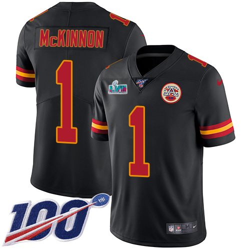 Chiefs #1 Jerick McKinnon Black Super Bowl LVII Patch Youth Stitched Limited Rush 100th Season Jersey cheap jerseys for sale - CheapJerseys.Shop