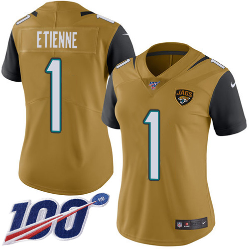 Jaguars #1 Travis Etienne Gold Women's Stitched Limited Rush 100th Season Jersey cheap jerseys for sale - CheapJerseys.Shop