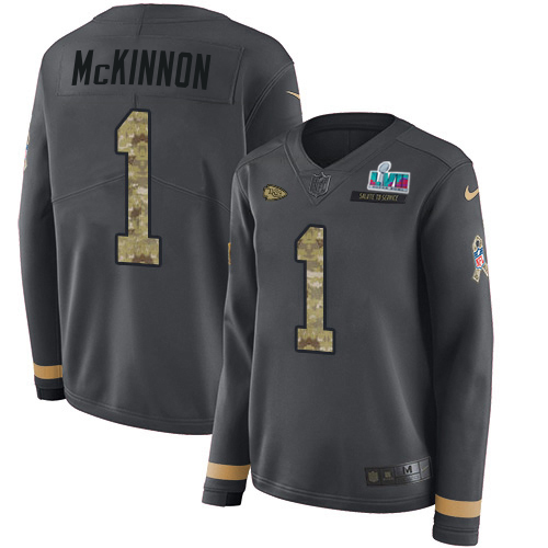 Chiefs #1 Jerick McKinnon Anthracite Salute To Service Super Bowl LVII Patch Women's Stitched Limited Therma Long Sleeve Jersey cheap jerseys for sale - CheapJerseys.Shop