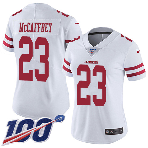 49ers #23 Christian McCaffrey White Women's Stitched 100th Season Vapor Limited Jersey cheap jerseys for sale - CheapJerseys.Shop