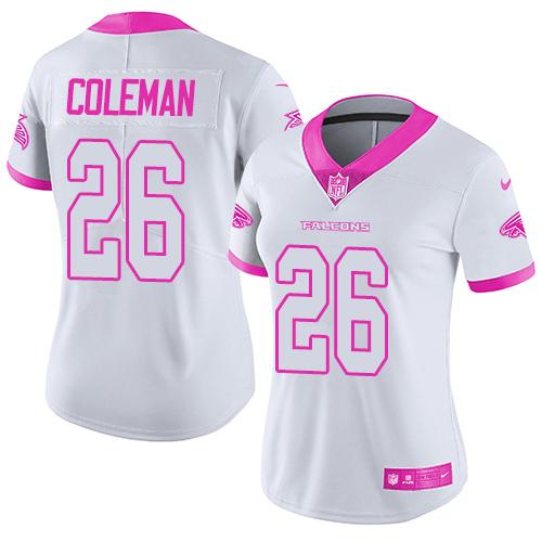 Atlanta Falcons #26 Tevin Coleman White/Pink Women's Stitched Limited Rush Fashion Jersey Womens cheap jerseys for sale - CheapJerseys.Shop