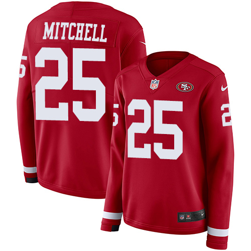 49ers #25 Elijah Mitchell Red Team Color Women's Stitched Limited Therma Long Sleeve Jersey cheap jerseys for sale - CheapJerseys.Shop