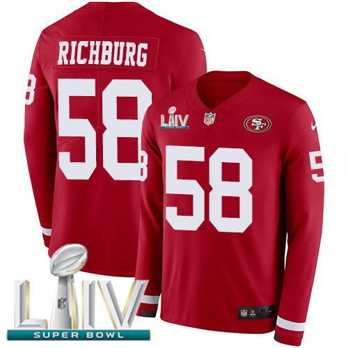 San Francisco 49ers #58 Weston Richburg Red Super Bowl LIV 2020 Team Color Men's Stitched Limited Therma Long Sleeve Jersey Men's cheap jerseys for sale - CheapJerseys.Shop