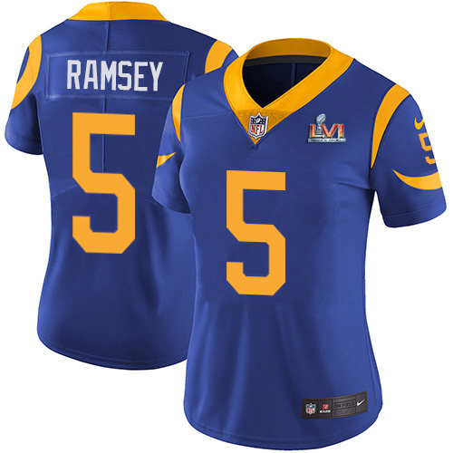 Rams #5 Jalen Ramsey Blue Alternate Super Bowl LVI Patch Women's Stitched Vapor Untouchable Limited Jersey cheap jerseys for sale - CheapJerseys.Shop