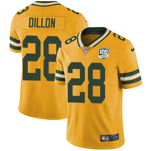Packers #28 AJ Dillon Yellow Men's 100th Season Stitched Limited Rush Jersey cheap jerseys for sale - CheapJerseys.Shop