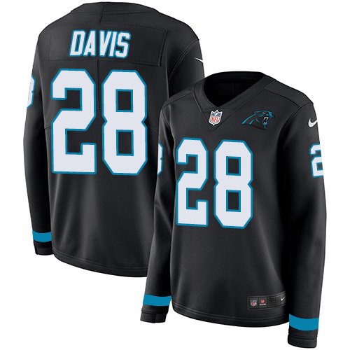Carolina Panthers #28 Mike Davis Black Team Color Women's Stitched Limited Therma Long Sleeve Jersey Womens cheap jerseys for sale - CheapJerseys.Shop