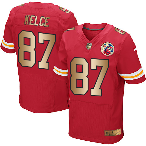 Chiefs #87 Travis Kelce Red Team Color Men's Stitched Elite Gold Jersey cheap jerseys for sale - CheapJerseys.Shop