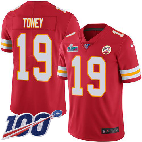 Chiefs #19 Kadarius Toney Red Team Color Super Bowl LVII Patch Men's Stitched 100th Season Vapor Limited Jersey cheap jerseys for sale - CheapJerseys.Shop