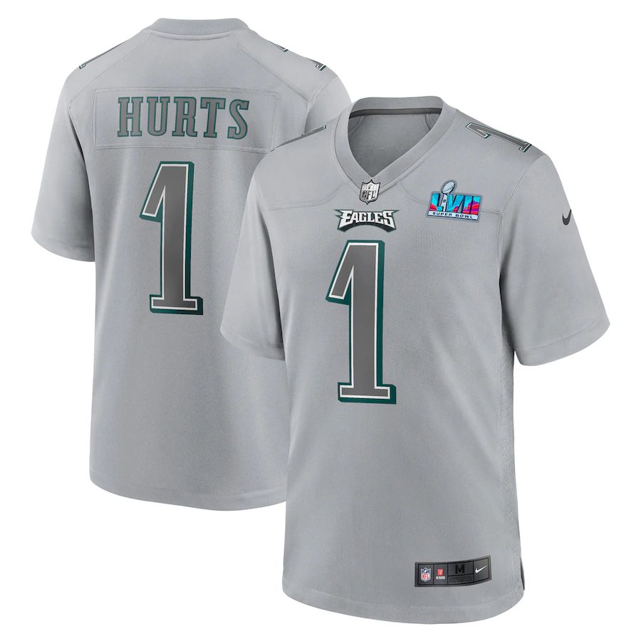 Philadelphia Eagles #1 Jalen Hurts Men's Super Bowl LVII Patch Atmosphere Fashion Game Jersey - Gray cheap jerseys for sale - CheapJerseys.Shop