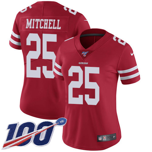 49ers #25 Elijah Mitchell Red Team Color Women's Stitched 100th Season Vapor Limited Jersey cheap jerseys for sale - CheapJerseys.Shop