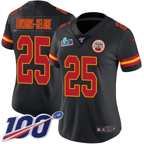 Chiefs #25 Clyde Edwards-Helaire Black Super Bowl LVII Patch Women's Stitched Limited Rush 100th Season Jersey cheap jerseys for sale - CheapJerseys.Shop