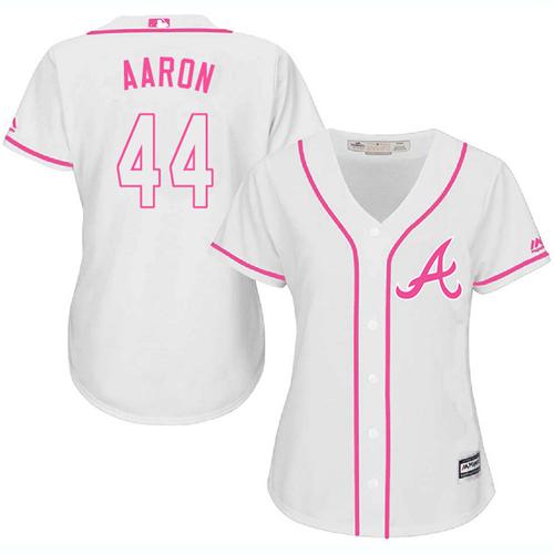 Atlanta Braves #44 Hank Aaron White/Pink Fashion Women's Stitched Jersey Womens cheap jerseys for sale - CheapJerseys.Shop