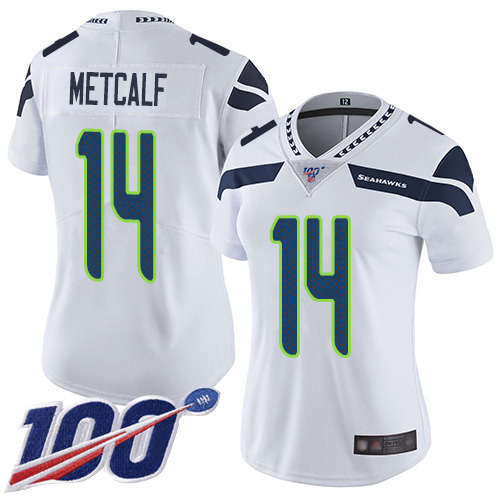Seahawks #14 D.K. Metcalf White Women's Stitched 100th Season Vapor Limited Jersey cheap jerseys for sale - CheapJerseys.Shop