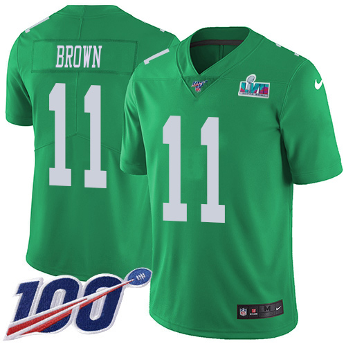 Eagles #11 A.J. Brown Green Super Bowl LVII Patch Youth Stitched Limited Rush 100th Season Jersey cheap jerseys for sale - CheapJerseys.Shop