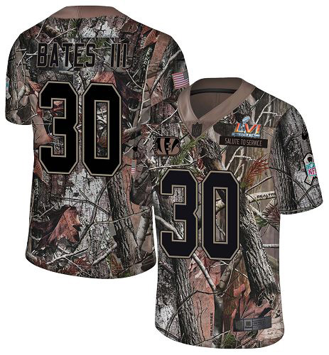 Bengals #30 Jessie Bates Camo Super Bowl LVI Patch Men's Stitched Limited Rush Realtree Jersey cheap jerseys for sale - CheapJerseys.Shop