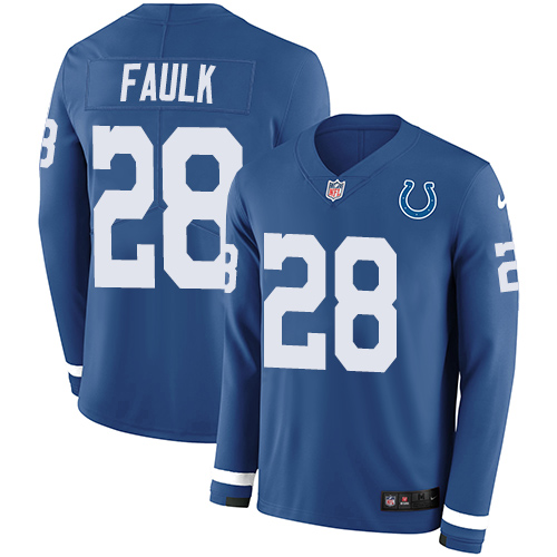 Indianapolis Colts #28 Marshall Faulk Royal Blue Team Color Men's Stitched Limited Therma Long Sleeve Jersey Men's cheap jerseys for sale - CheapJerseys.Shop