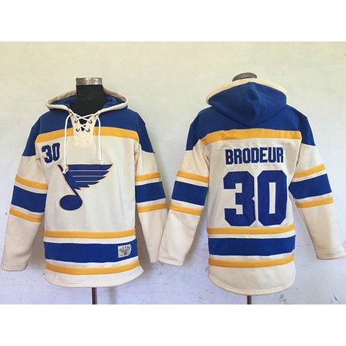 St. Louis Blues #30 Martin Brodeur Cream Sawyer Hooded Sweatshirt Stitched Jersey Men's cheap jerseys for sale - CheapJerseys.Shop