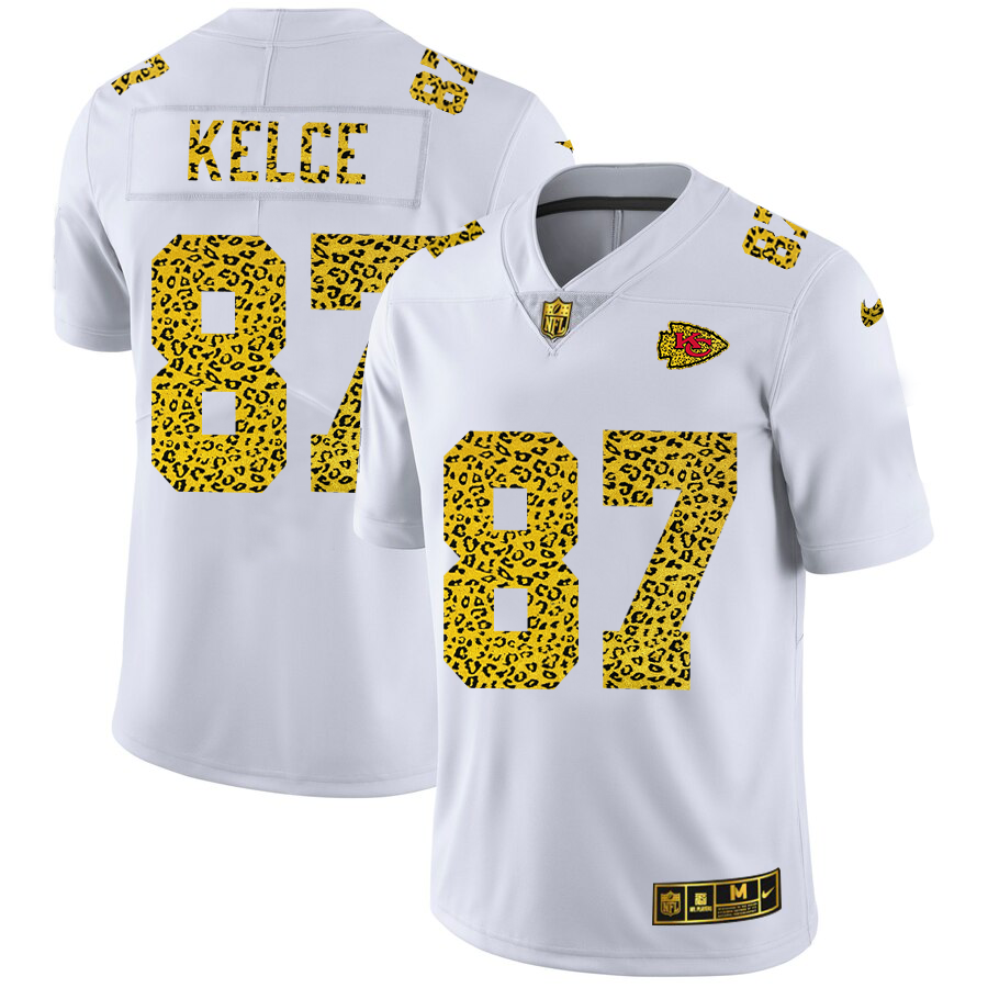 Kansas City Chiefs #87 Travis Kelce Men's Flocked Leopard Print Vapor Limited Jersey White cheap jerseys for sale - CheapJerseys.Shop