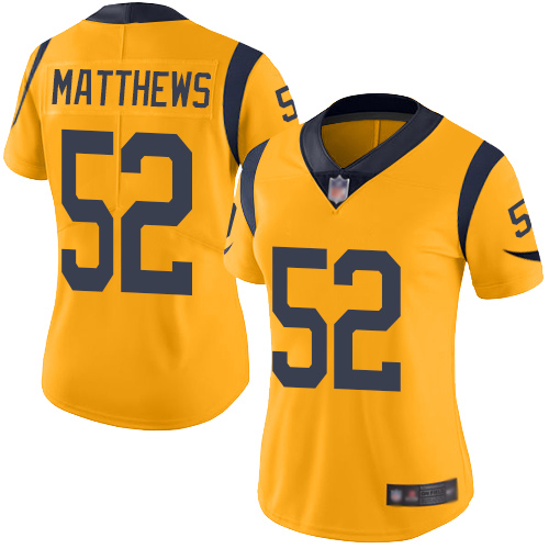 Los Angeles Rams #52 Clay Matthews Gold Women's Stitched Limited Rush Jersey Womens cheap jerseys for sale - CheapJerseys.Shop