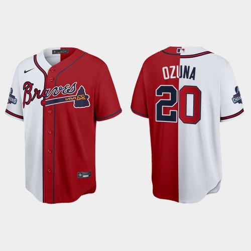 Atlanta Atlanta Braves #20 Marcell Ozuna Men's 2021 World Series Champions Split Red White Stitched Jersey Men's cheap jerseys for sale - CheapJerseys.Shop