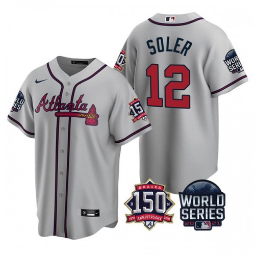 Atlanta Atlanta Braves #12 Jorge Soler Men's 150th Anniversary 2021 World Series Game Jersey - Grey Men's cheap jerseys for sale - CheapJerseys.Shop