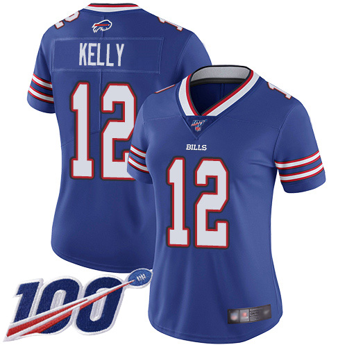 Bills #12 Jim Kelly Royal Blue Team Color Women's Stitched 100th Season Vapor Limited Jersey cheap jerseys for sale - CheapJerseys.Shop