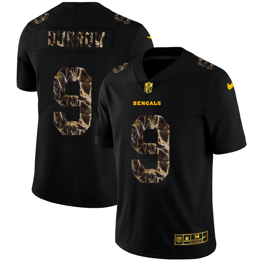 Cincinnati Bengals #9 Joe Burrow Men's Black Flocked Lightning Vapor Limited Jersey cheap jerseys for sale - CheapJerseys.Shop
