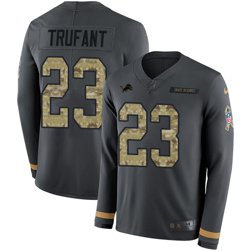 Detroit Lions #23 Desmond Trufant Anthracite Salute to Service Men's Stitched Limited Therma Long Sleeve Jersey Men's cheap jerseys for sale - CheapJerseys.Shop