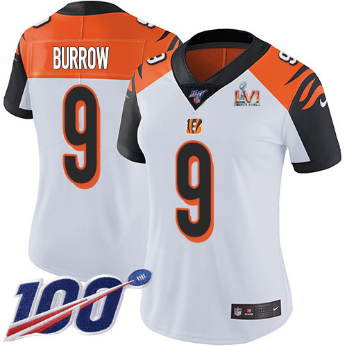 Bengals #9 Joe Burrow White Super Bowl LVI Patch Women's Stitched 100th Season Vapor Untouchable Limited Jersey cheap jerseys for sale - CheapJerseys.Shop