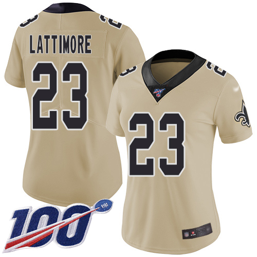 New Orleans Saints #23 Marshon Lattimore Gold Women's Stitched Limited Inverted Legend 100th Season Jersey Womens cheap jerseys for sale - CheapJerseys.Shop