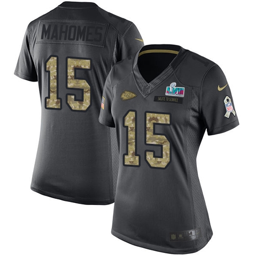 Chiefs #15 Patrick Mahomes Black Super Bowl LVII Patch Women's Stitched Limited 2016 Salute To Service Jersey cheap jerseys for sale - CheapJerseys.Shop