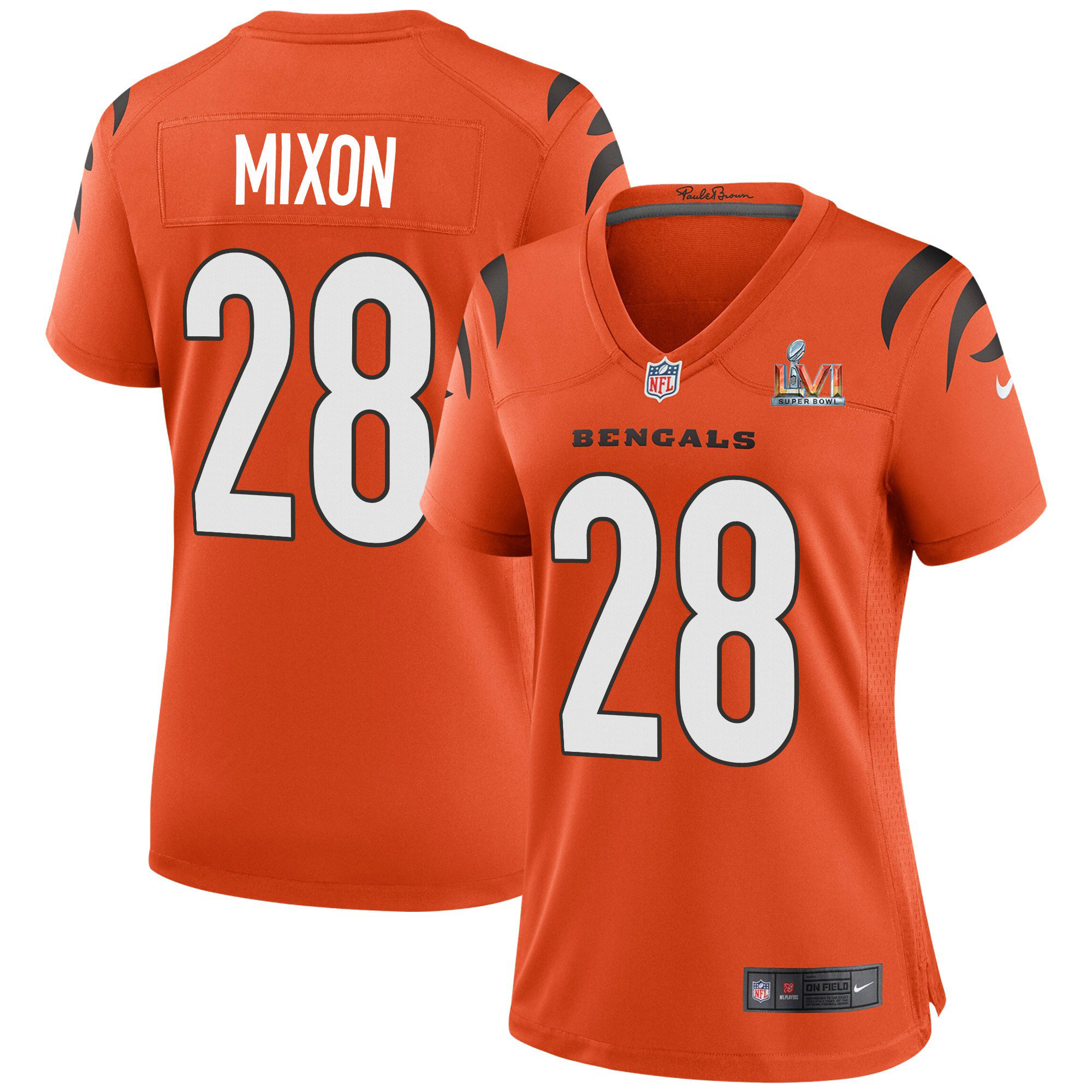 Cincinnati Bengals #28 Joe Mixon Orange Super Bowl LVI Patch Women's Game Jersey cheap jerseys for sale - CheapJerseys.Shop