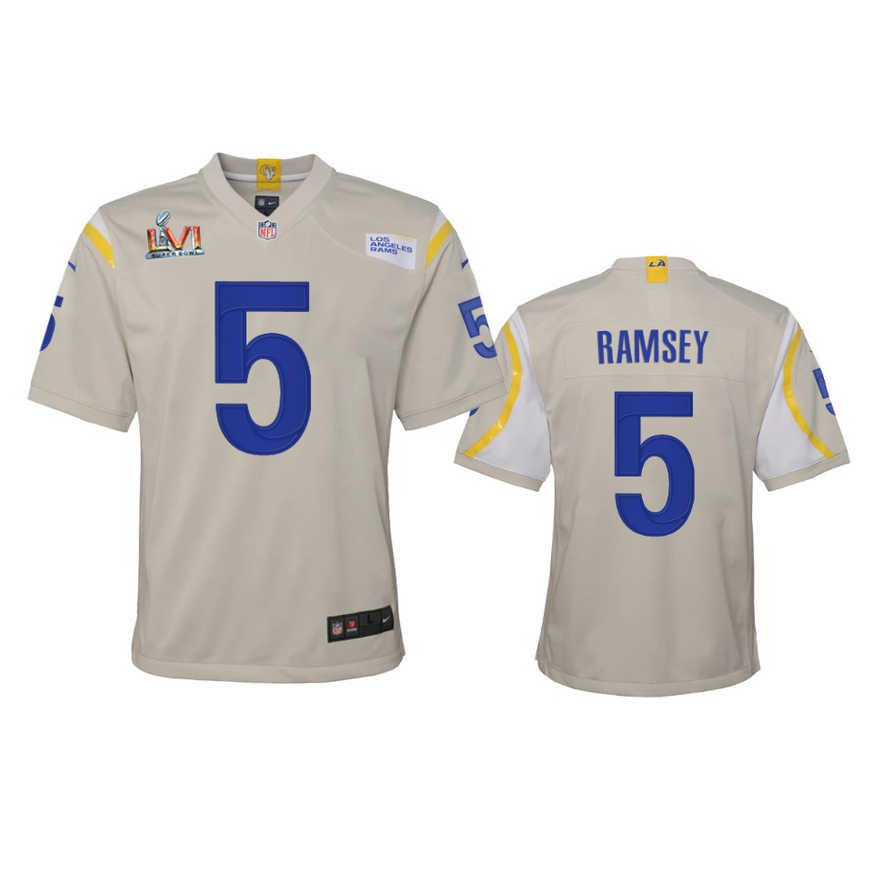 Los Angeles Rams #5 Jalen Ramsey Youth Super Bowl LVI Patch Game Jersey - Bone cheap jerseys for sale - CheapJerseys.Shop