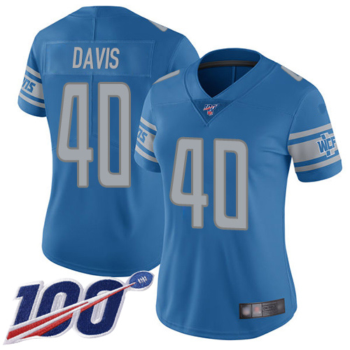 Detroit Lions #40 Jarrad Davis Blue Team Color Women's Stitched 100th Season Vapor Limited Jersey Womens cheap jerseys for sale - CheapJerseys.Shop