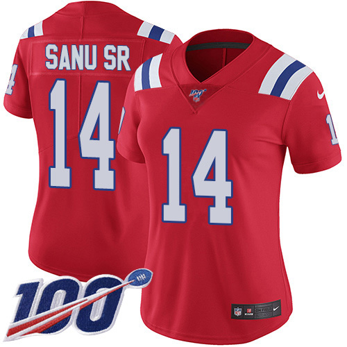 New England Patriots #14 Mohamed Sanu Sr Red Alternate Women's Stitched 100th Season Vapor Limited Jersey Womens cheap jerseys for sale - CheapJerseys.Shop