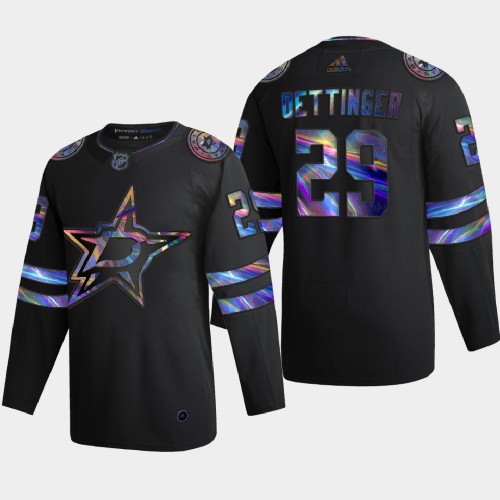 Dallas Dallas Stars #29 Jake Oettinger Men's Iridescent Holographic Collection Jersey - Black Men's cheap jerseys for sale - CheapJerseys.Shop