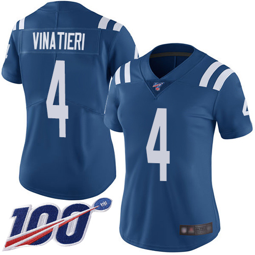 Indianapolis Colts #4 Adam Vinatieri Royal Blue Team Color Women's Stitched 100th Season Vapor Limited Jersey Womens cheap jerseys for sale - CheapJerseys.Shop