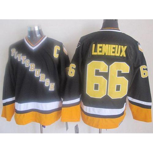 Pittsburgh Penguins #66 Mario Lemieux Black/Yellow CCM Throwback Stitched Jersey Men's cheap jerseys for sale - CheapJerseys.Shop