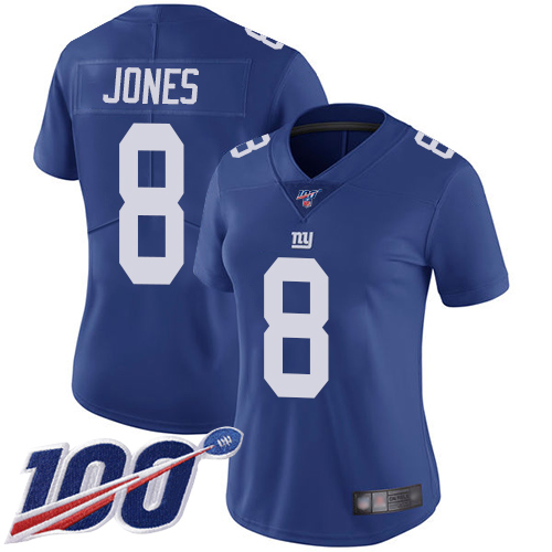 Giants #8 Daniel Jones Royal Blue Team Color Women's Stitched 100th Season Vapor Limited Jersey cheap jerseys for sale - CheapJerseys.Shop
