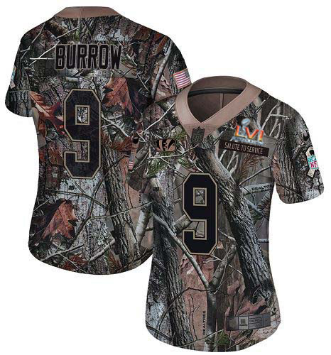 Bengals #9 Joe Burrow Camo Super Bowl LVI Patch Women's Stitched Limited Rush Realtree Jersey cheap jerseys for sale - CheapJerseys.Shop