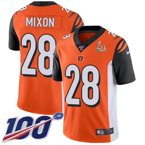 Bengals #28 Joe Mixon Orange Super Bowl LVI Patch Alternate Youth Stitched 100th Season Vapor Limited Jersey cheap jerseys for sale - CheapJerseys.Shop