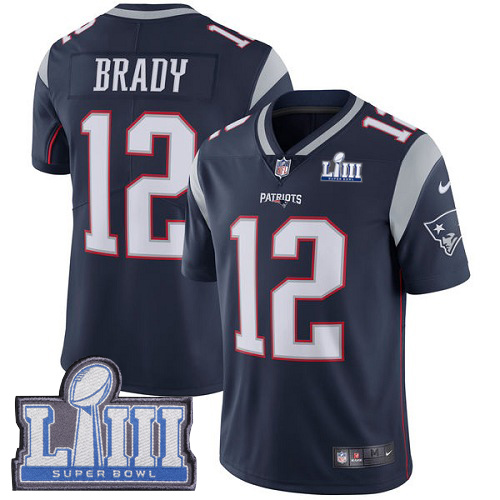 Patriots #12 Tom Brady Navy Blue Team Color Super Bowl LIII Bound Men's Stitched Vapor Untouchable Limited Jersey cheap jerseys for sale - CheapJerseys.Shop