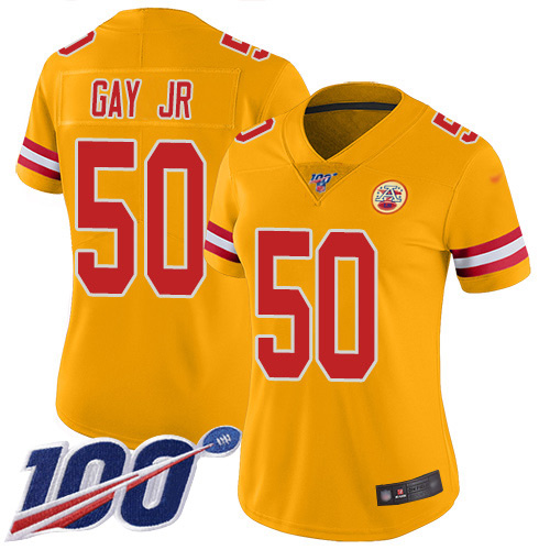 Kansas City Chiefs #50 Willie Gay Jr. Gold Women's Stitched Limited Inverted Legend 100th Season Jersey Womens cheap jerseys for sale - CheapJerseys.Shop
