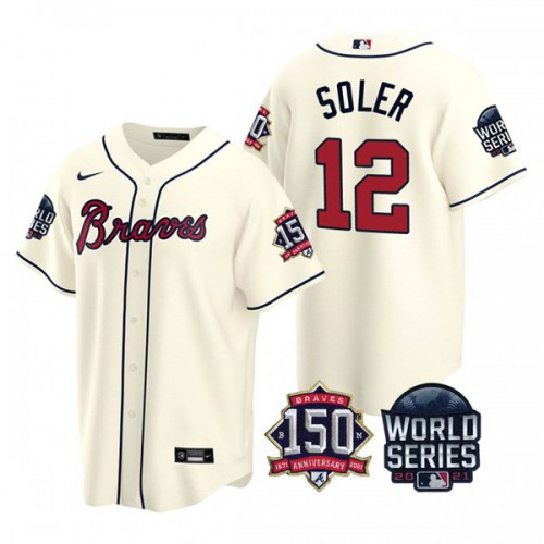 Atlanta Atlanta Braves #12 Jorge Soler Men's 150th Anniversary 2021 World Series Game Jersey - Cream Men's cheap jerseys for sale - CheapJerseys.Shop