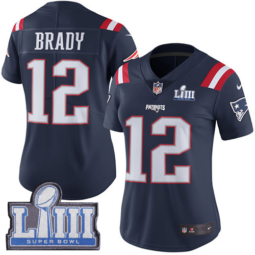 Patriots #12 Tom Brady Navy Blue Super Bowl LIII Bound Women's Stitched Limited Rush Jersey cheap jerseys for sale - CheapJerseys.Shop
