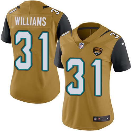 Jaguars #31 Darious Williams Gold Women's Stitched Limited Rush Jersey cheap jerseys for sale - CheapJerseys.Shop